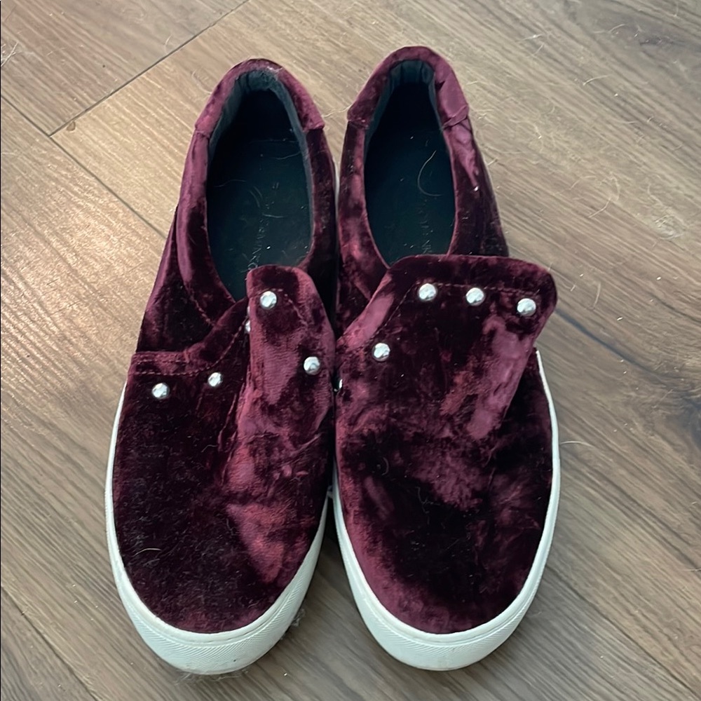 Burgundy Velvet Rebecca Minkoff Slip-On Sneakers with Pearl Accents